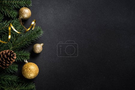 Photo for Christmas background, holiday decorations on black. Flat lay with copy space. - Royalty Free Image
