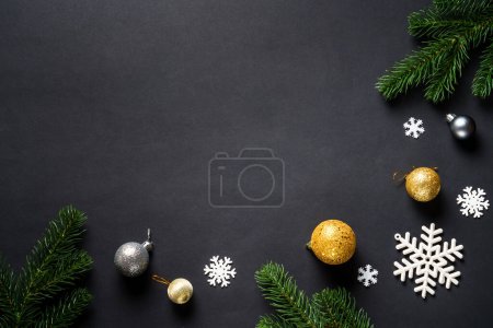 Photo for Christmas greeting card. Christmas background with white and gold holiday decorations. Flat lay with copy space. - Royalty Free Image