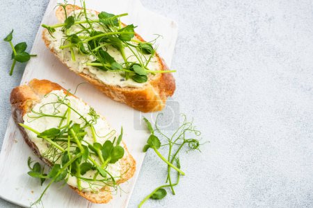 Photo for Toast with cream cheese and micro greens. Healthy food, vegetarian dish. Flat lay on white. - Royalty Free Image