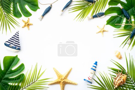 Photo for Summer flat lay background. Summer vacation and travel concept. Palm leaves, sea shells and decor on white background. - Royalty Free Image