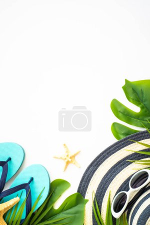 Photo for Summer vacation and travel concept. Palm leaves, flip flops, sea shells and decor on white background. Flat lay with copy space. - Royalty Free Image