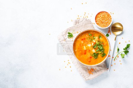 Photo for Lentil soup. Red lentil soup, traditional middle eastern food. Top view. - Royalty Free Image
