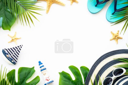 Photo for Summer holidays and travel concept. Palm leaves, sea shells and decor on white background. Flat lay with copy space. - Royalty Free Image