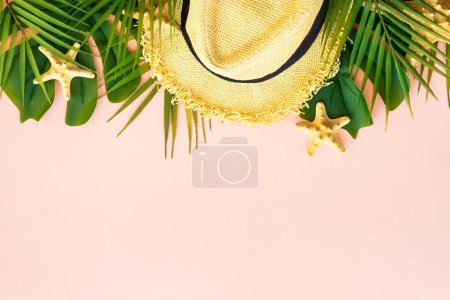 Photo for Summer composition flat lay. Palm leaves, sea shells, hat and sunglasses on pink background. - Royalty Free Image