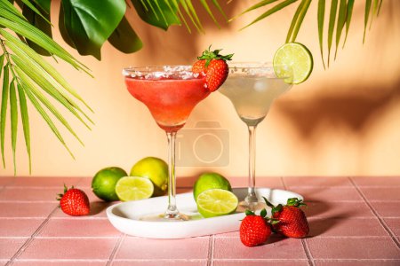 Photo for Margarita alcohol cocktail. Classic and strawberry margaritas with tequila and lime at sunny summer background. - Royalty Free Image