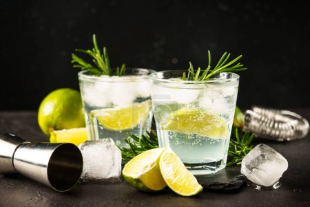 Téléchargez les photos : Gin tonic. Cocktail d'alcool avec gin, tonique, glaçons, citron vert et romarin sur fond noir. - en image libre de droit