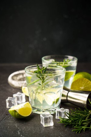 Téléchargez les photos : Gin tonique, cocktail alcool au gin, tonique, glaçons, citron vert et romarin sur fond noir. - en image libre de droit