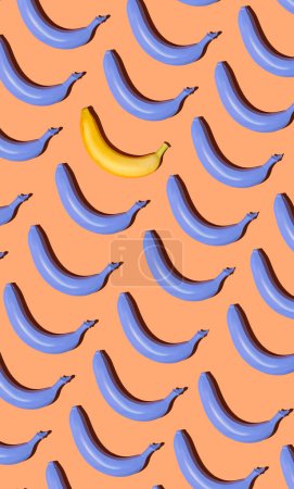 Foto de Patrón gráfico de vista superior de frutas de plátano de color en líneas diagonales sobre fondo pastel, alimentación saludable y concepto de dieta vegana - Imagen libre de derechos