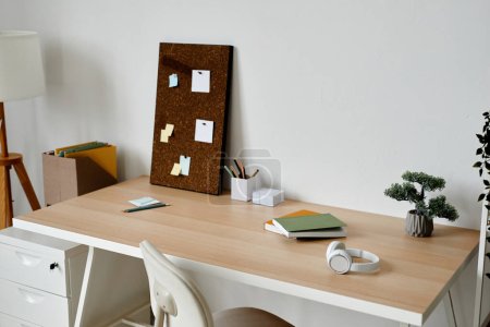 Photo for Background of white home office workplace with bonsai tree on desk, copy space - Royalty Free Image