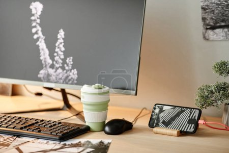 Téléchargez les photos : Gros plan des éditeurs lieu de travail avec ordinateur et smartphone avec des photos en noir et blanc à l'écran, espace de copie - en image libre de droit