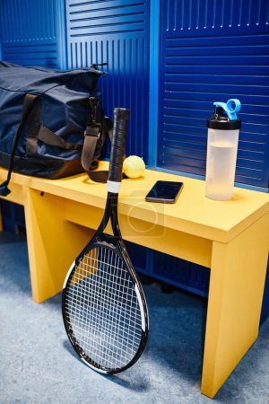Téléchargez les photos : Image de fond verticale de raquette de tennis et d'équipement sportif dans les vestiaires - en image libre de droit
