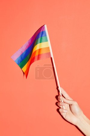 Photo for Vibrant shot of female hand holding rainbow flag at pink background as symbol for pride month LGBTQ - Royalty Free Image