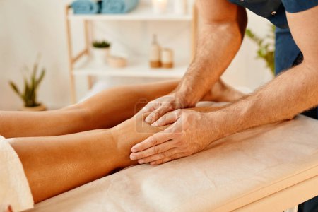 Téléchargez les photos : Gros plan d'un thérapeute masculin massant les jambes sur une jeune femme en session SPA, espace de copie - en image libre de droit