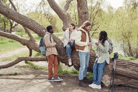 Photo for Group of friends relaxing on big tree and drinking tea after nordic walk in the park - Royalty Free Image