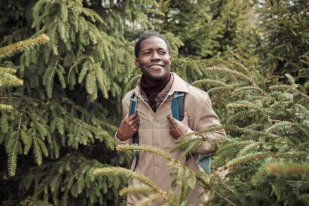 Téléchargez les photos : Africain heureux avec sac à dos marchant le long des sapins dans le parc à l'extérieur - en image libre de droit