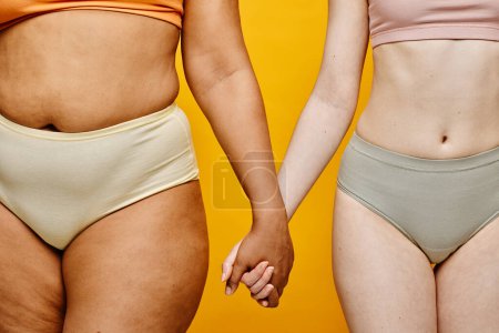 Foto de Foto recortada de dos mujeres jóvenes reales que usan ropa interior y se toman de la mano contra el fondo amarillo se centran en diferentes formas del cuerpo - Imagen libre de derechos