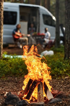Foto de Primer plano de la hoguera durante el campamento en el bosque con los jóvenes tocando la guitarra en el fondo - Imagen libre de derechos