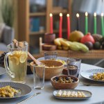 Close-up of dining table with food and drinks on dining table preparing for Kwanzaa holiday