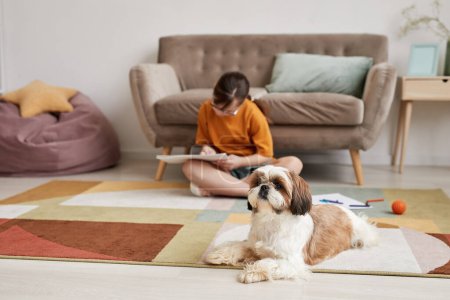Photo for Portrait of cute small dog lying on carpet at home with teenage girl in background, copy space - Royalty Free Image