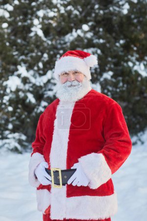 Photo for Vertical portrait of traditional Santa Claus looking at camera in winter forest - Royalty Free Image
