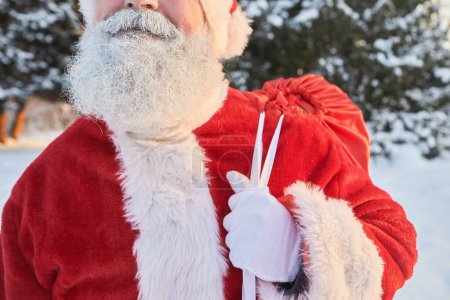 Foto de Recorte de Santa Claus tradicional llevando saco con regalos al aire libre en el bosque de invierno, espacio de copia - Imagen libre de derechos
