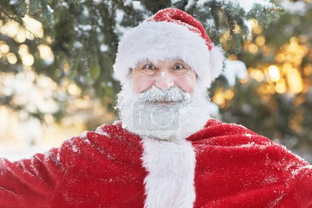Téléchargez les photos : Portrait du Père Noël excité couvert de neige souriant à la caméra à l'extérieur avec fond de forêt d'hiver - en image libre de droit