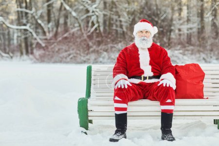 Téléchargez les photos : Portrait complet du Père Noël traditionnel assis sur le banc à l'extérieur et regardant la caméra, l'espace de copie - en image libre de droit