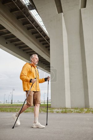 Photo for Vertical full length portrait of sportive mature man enjoying Nordic walk with poles in urban city setting - Royalty Free Image