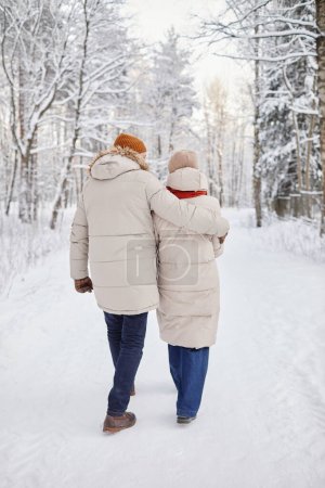 Téléchargez les photos : Vue arrière verticale du couple adulte profitant d'une promenade dans la forêt d'hiver et embrassant tendrement - en image libre de droit