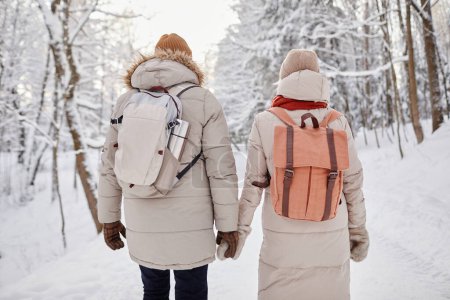 Photo for Back view portrait of adult couple with backpacks enjoying walk in winter forest and holding hands - Royalty Free Image