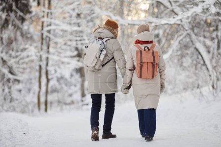 Full length back view of adult couple with backpacks enjoying walk in winter forest and holding hands, copy space