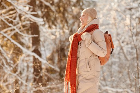 Téléchargez les photos : Portrait latéral d'une femme âgée souriante profitant d'une randonnée dans la forêt d'hiver éclairée par la lumière du soleil, espace de copie - en image libre de droit