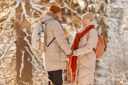 Téléchargez les photos : Portrait latéral d'un couple de personnes âgées souriantes profitant d'une randonnée dans la forêt hivernale et se tenant la main au soleil, espace de copie - en image libre de droit