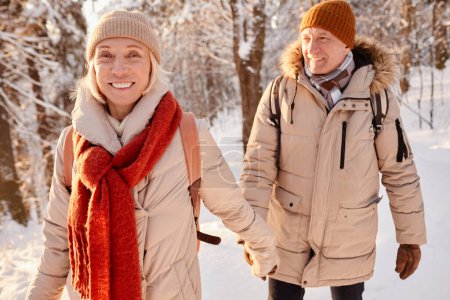 Téléchargez les photos : Portrait taille haute d'heureux couple de personnes âgées profitant d'une promenade dans la forêt d'hiver et se tenant la main - en image libre de droit