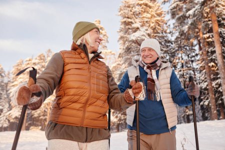 Téléchargez les photos : Portrait en angle bas d'un heureux couple de personnes âgées marchant avec des bâtons dans la forêt hivernale et souriant - en image libre de droit