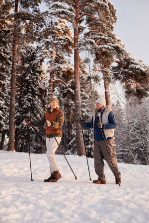 Téléchargez les photos : Pleine longueur de couple sénior sportif profitant de la marche nordique avec poteaux randonnée dans la forêt d'hiver - en image libre de droit