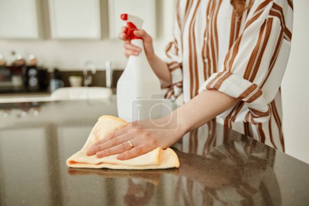 Téléchargez les photos : Gros plan de la jeune femme essuyant les comptoirs de cuisine avec du liquide de lavage tout en nettoyant la maison, espace de copie - en image libre de droit