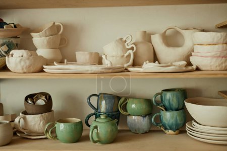 Photo for Background image of wooden shelves with handmade ceramic cups and tea sets in pottery studio, copy space - Royalty Free Image