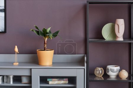 Photo for Background image of graphic shelves with decor items against mauve wall in elegant home, copy space - Royalty Free Image