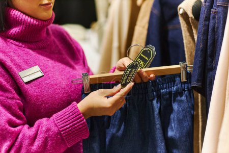 Foto de Primer plano de mujer joven colgando Etiquetas de venta en la ropa mientras trabaja en la boutique, espacio de copia - Imagen libre de derechos