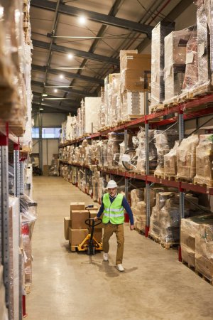 Photo for Vertical view at storage warehouse interior with worker pulling cart in row aisle, copy space - Royalty Free Image