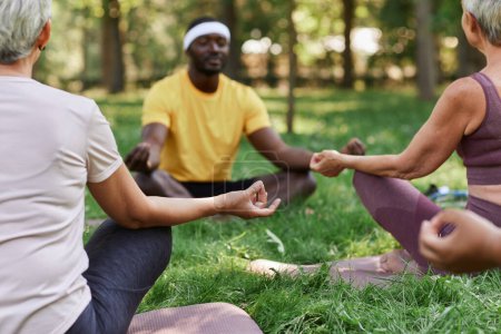 Téléchargez les photos : Groupe de femmes âgées méditant en plein air dans le parc pendant l'entraînement de yoga, gros plan - en image libre de droit
