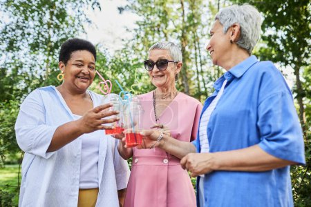Photo for Diverse group of modern senior women enjoying drinks outdoors in park and smiling cheerfully - Royalty Free Image