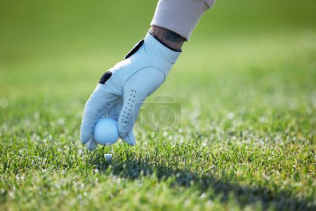 Foto de Primer plano de la mano masculina guante recogiendo pelota de golf en hierba verde, espacio de copia - Imagen libre de derechos