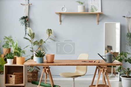 Téléchargez les photos : Image de fond minimale de jardiniers lieu de travail à l'intérieur avec des plantes vivantes et une table en bois, espace de copie - en image libre de droit