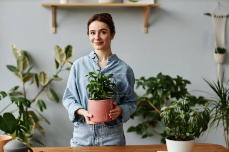 Foto de Retrato de la cintura hacia arriba de una mujer joven posando con exuberante vegetación en casa y sosteniendo una planta en maceta, mirando a la cámara - Imagen libre de derechos