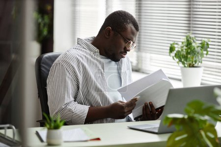 Photo for Portrait of relaxed black businessman reading documents while working at desk in office with live green plants - Royalty Free Image