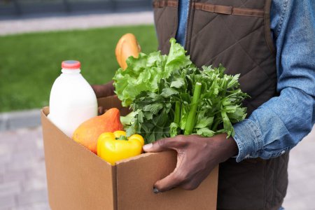 Foto de Primer plano de hombre negro irreconocible que lleva la caja con verduras frescas mientras entrega comestibles a la puerta - Imagen libre de derechos
