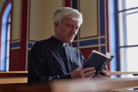 Téléchargez les photos : Grand prêtre se concentrant sur la lecture de la Bible pendant la cérémonie à l'église - en image libre de droit