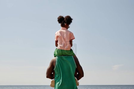 Téléchargez les photos : Vue arrière de papa debout sur la plage avec sa petite fille sur ses épaules - en image libre de droit